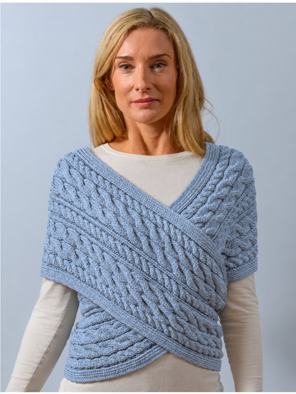 Aran Sweater Market Blue Merino Wool Aran Cable Crossover Wrap with Buttons L